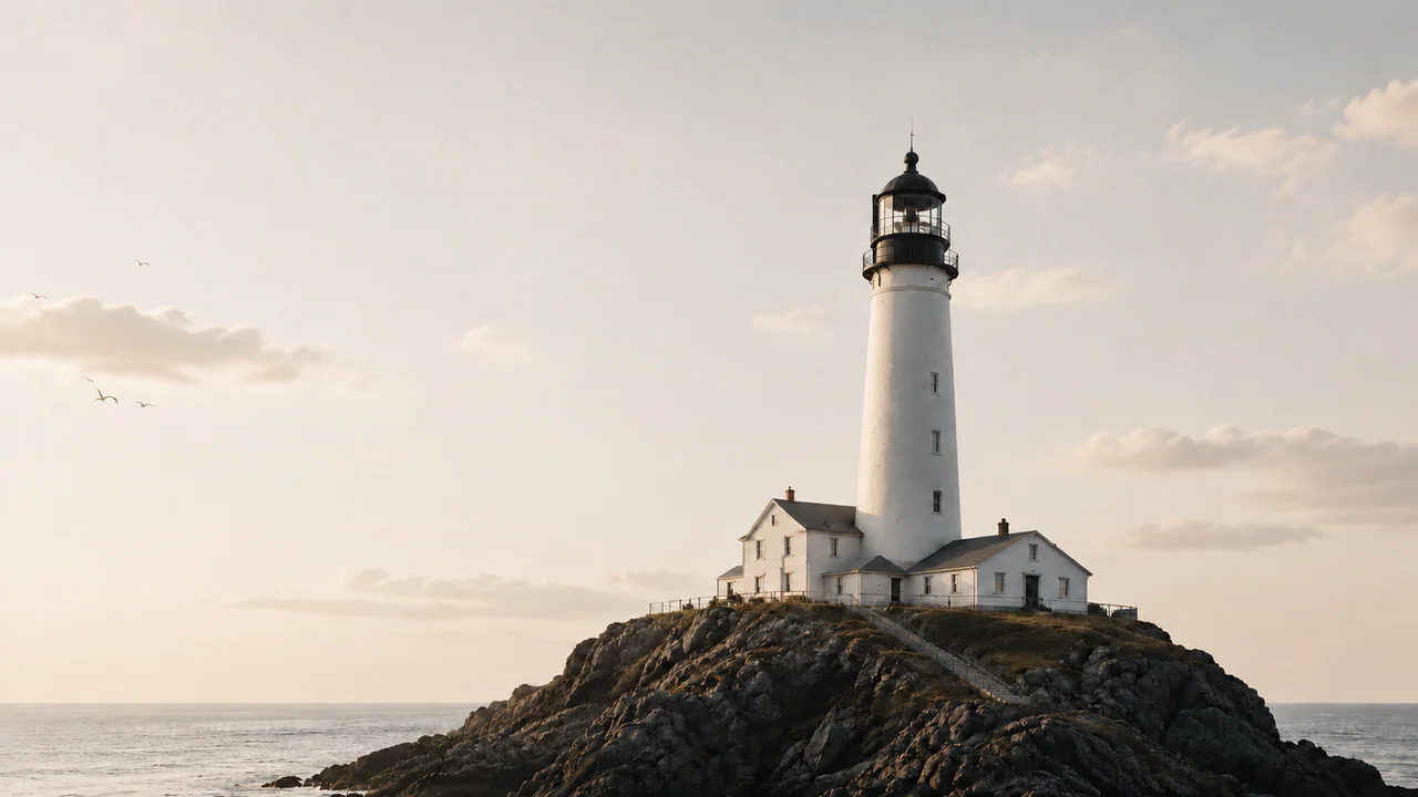 Faro blanco sobre una costa rocosa frente al océano
