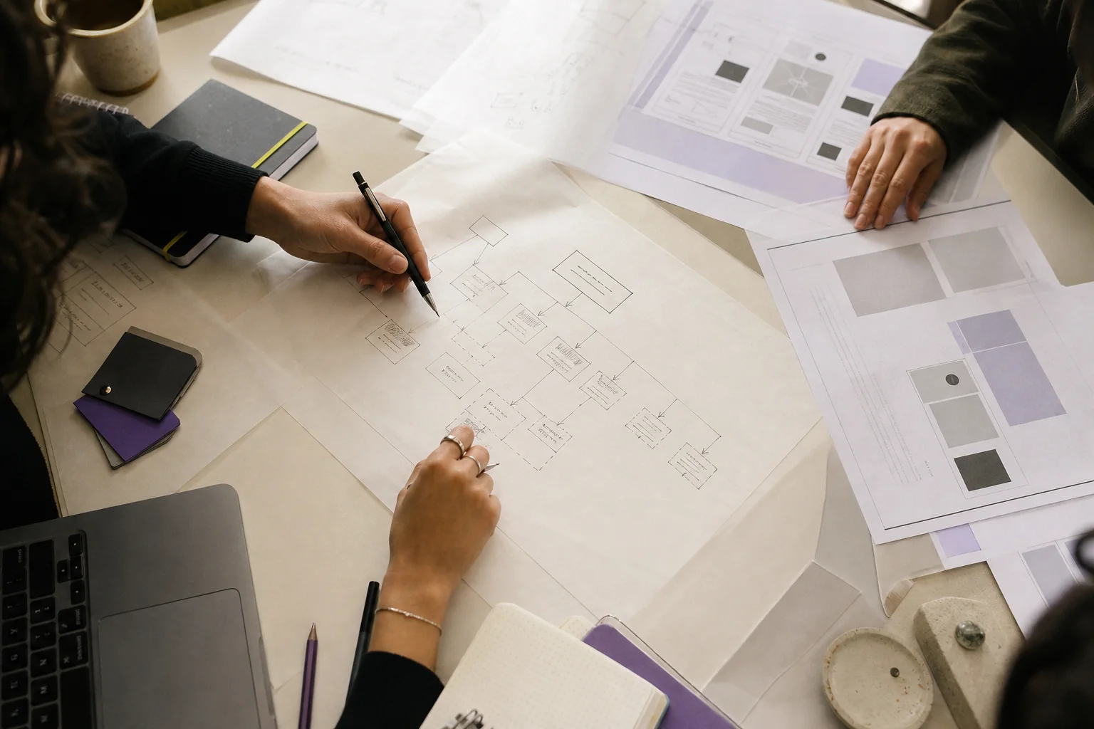 Equipo creativo organizando diagramas y prototipos sobre una mesa