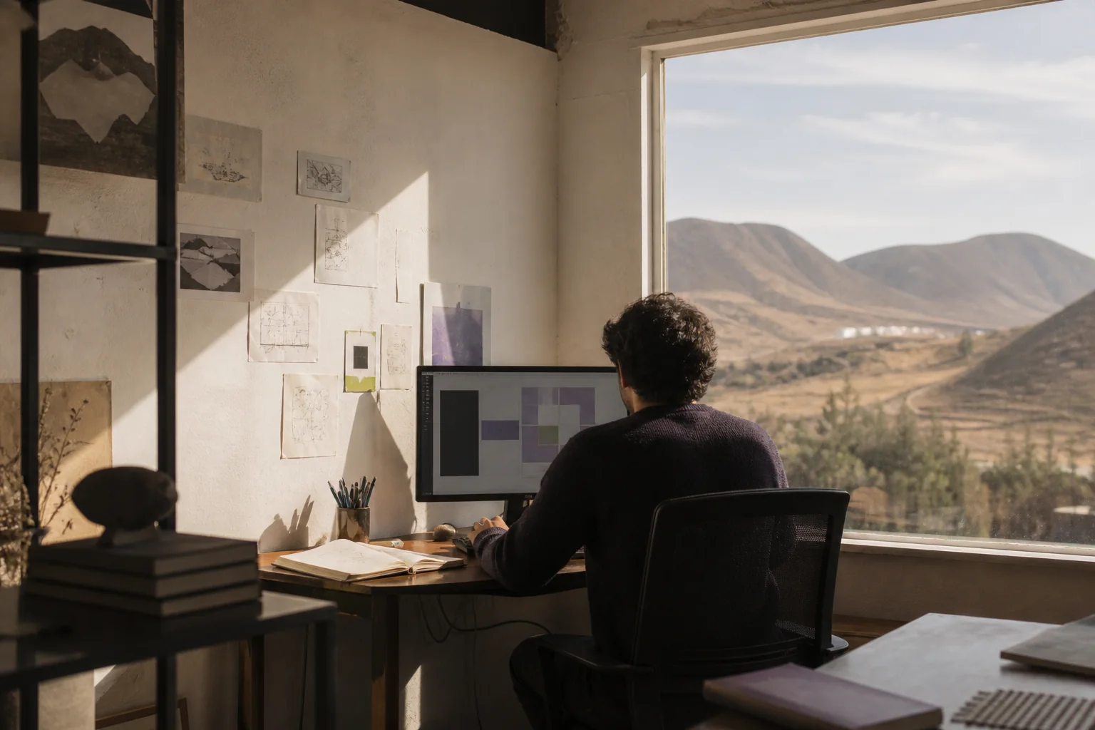 Diseñador trabajando desde un estudio con vista al Valle del Limarí
