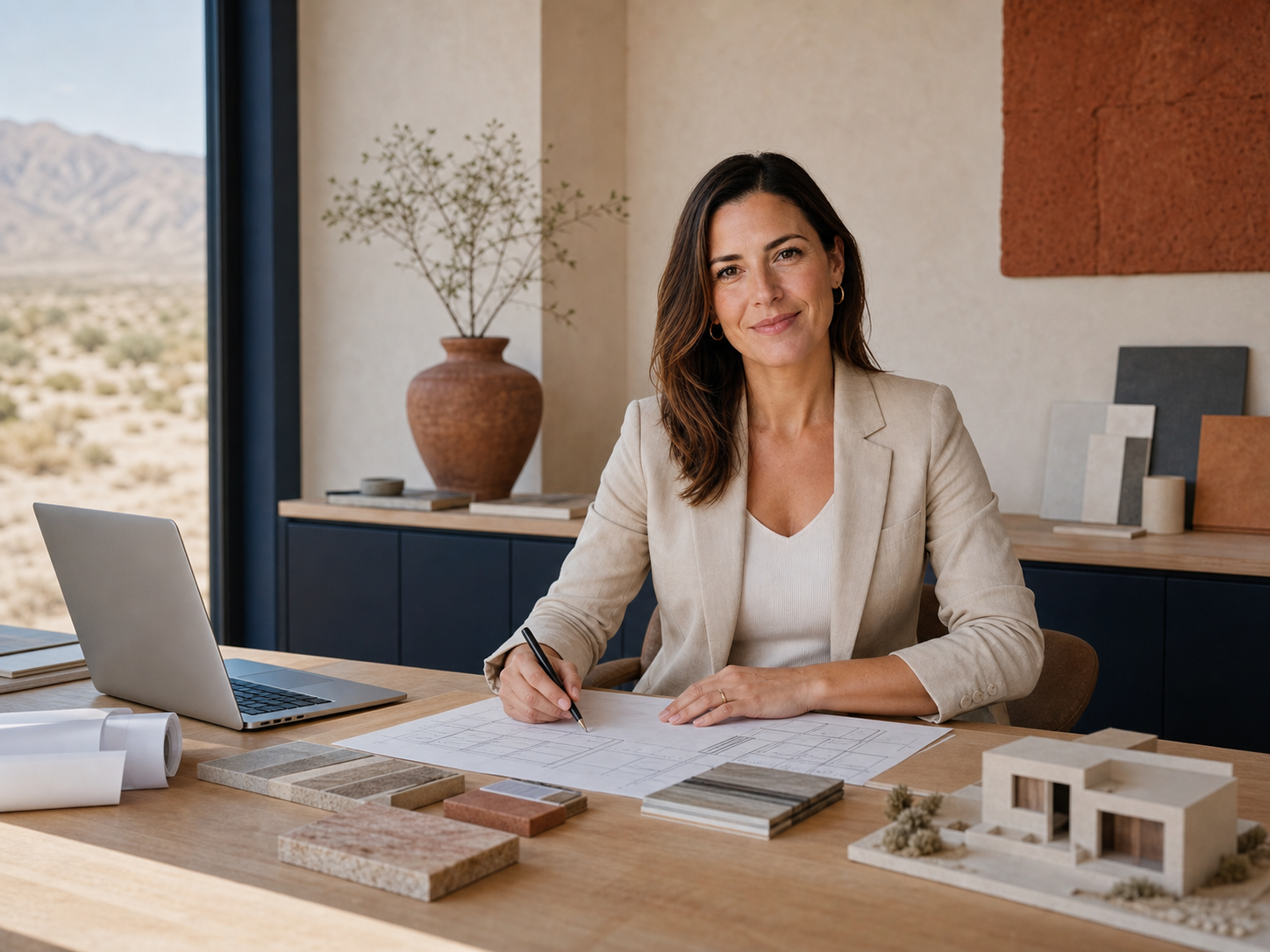 Valentina Rojas, asesora ficticia, trabajando con planos y materiales en una oficina