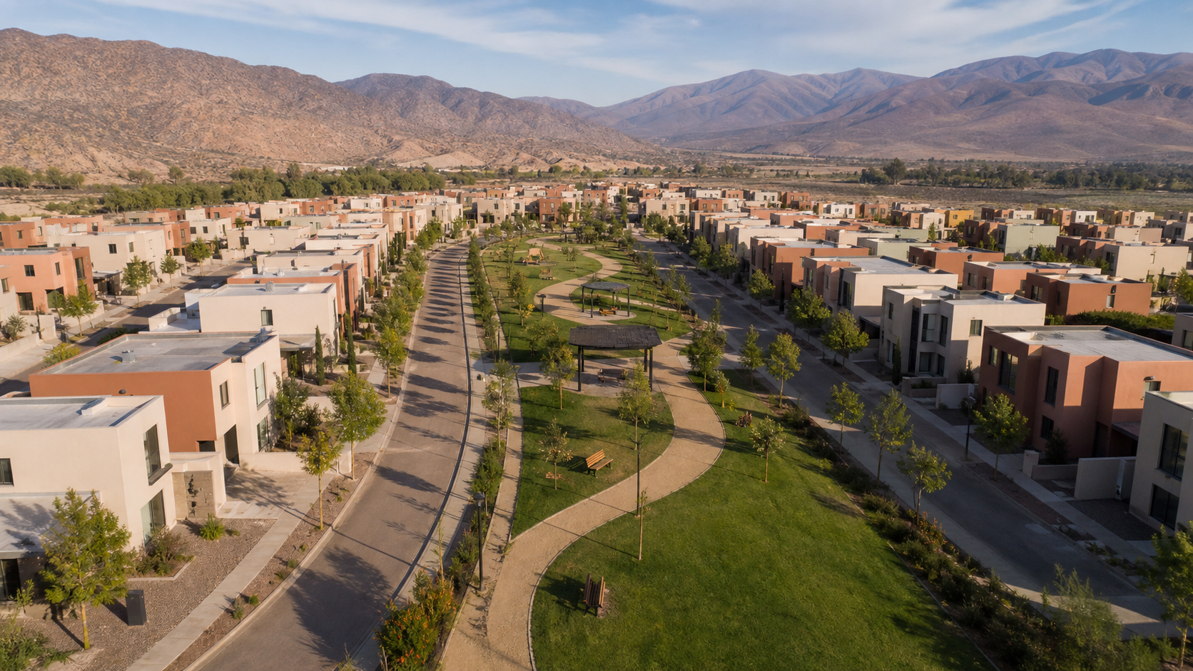 Vista aérea conceptual del proyecto ficticio Barrio Los Aromos