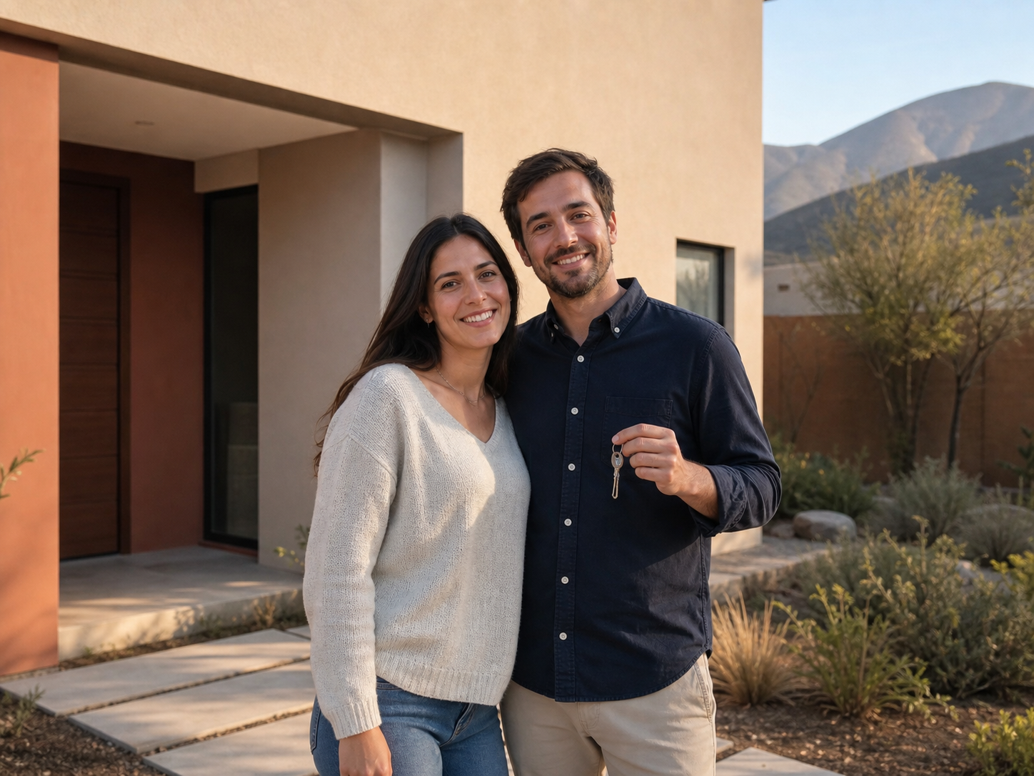 Pareja ficticia frente a su vivienda conceptual