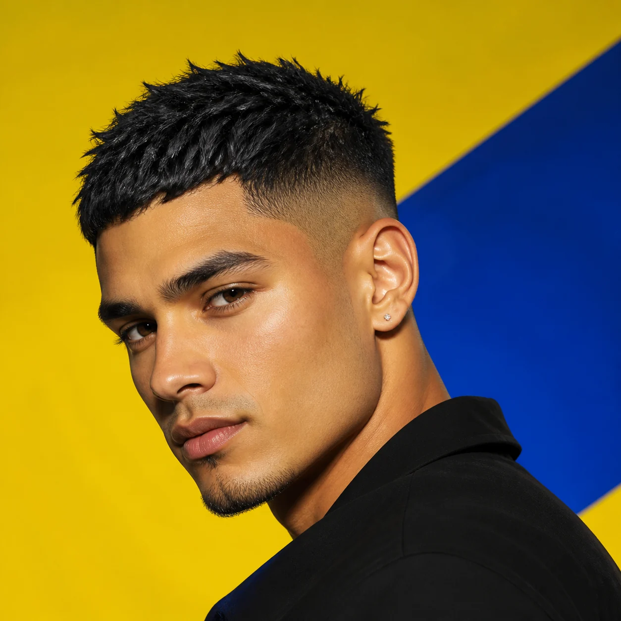 Hombre con degradado bajo y corte oscuro texturizado