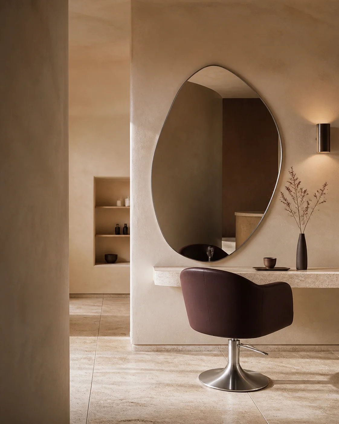 Interior cálido y contemporáneo del salón conceptual Lumen Beauty
